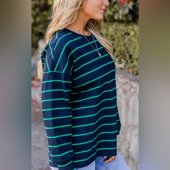 Pink Lily It’s a Deal Navy and Green Striped Knit Long Sleeve  Blouse - Picture 3 of 4
